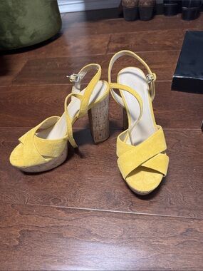 Botkier Yellow Suede Crisscross Cork Block Heels